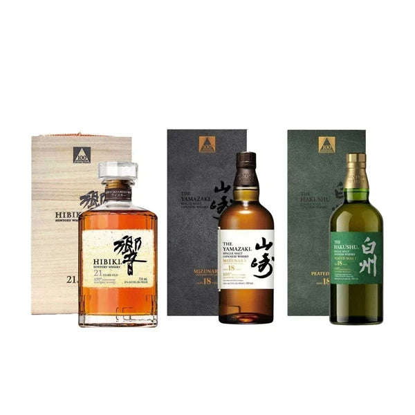 Bundles of Hibiki 21 Year Old, Yamazaki 18 Year Old, Hakushu 18 Year Old 100th Anniversary Edition – 3 x 70cl